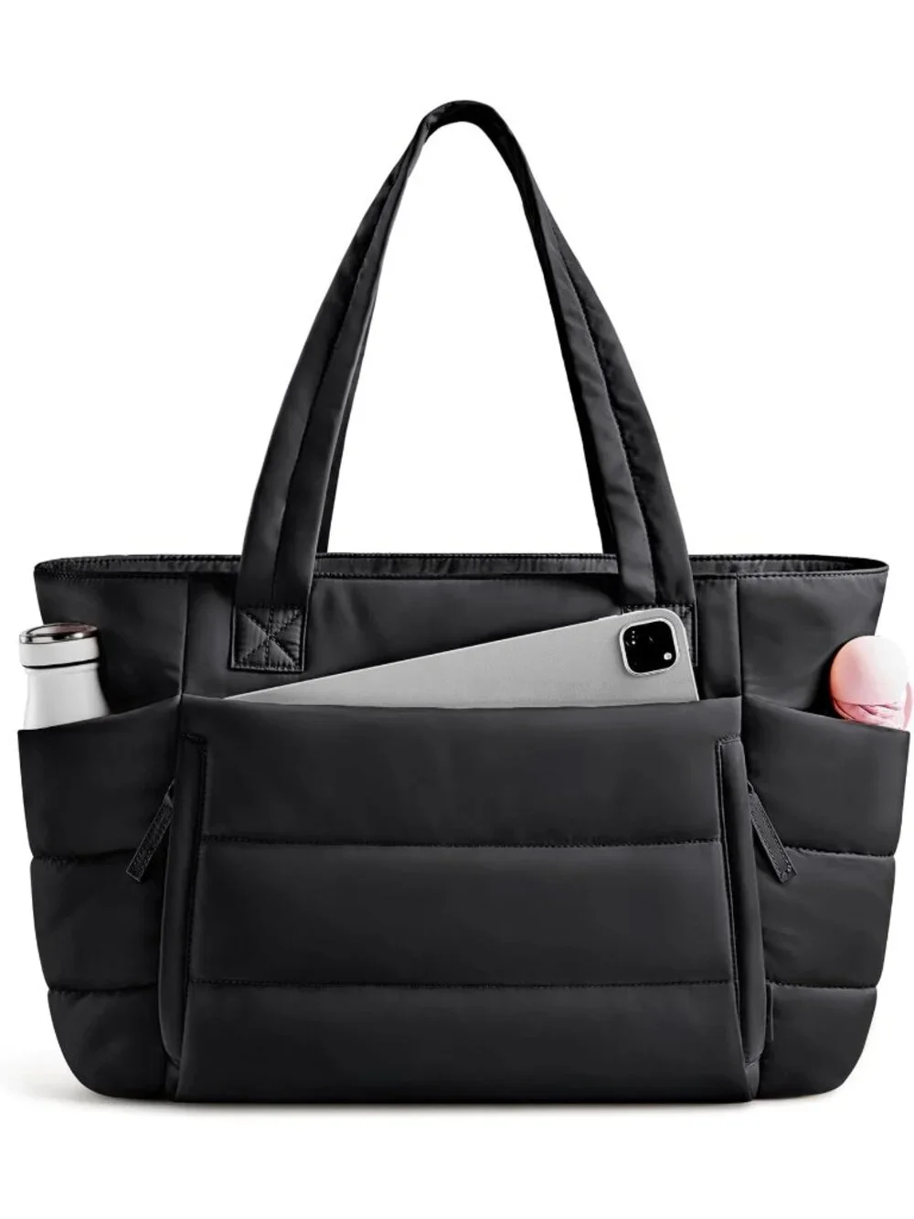 👜Women's Black Quilted Puffer Tote Bag Zipper Work Bag With Compartments